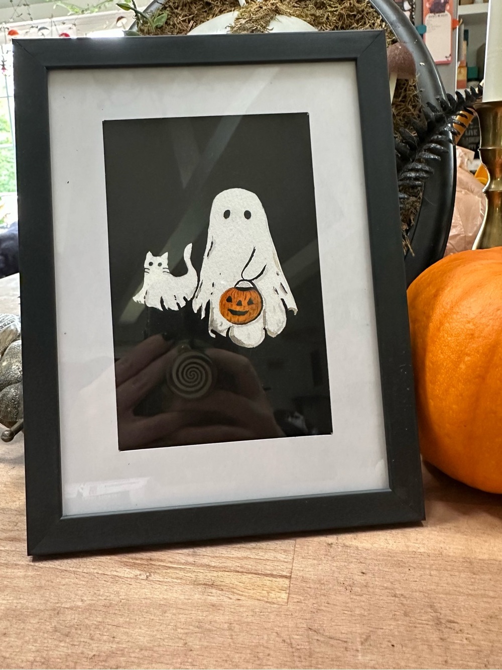 Halloween ghost & cat original watercolor 4x6inch framed painting